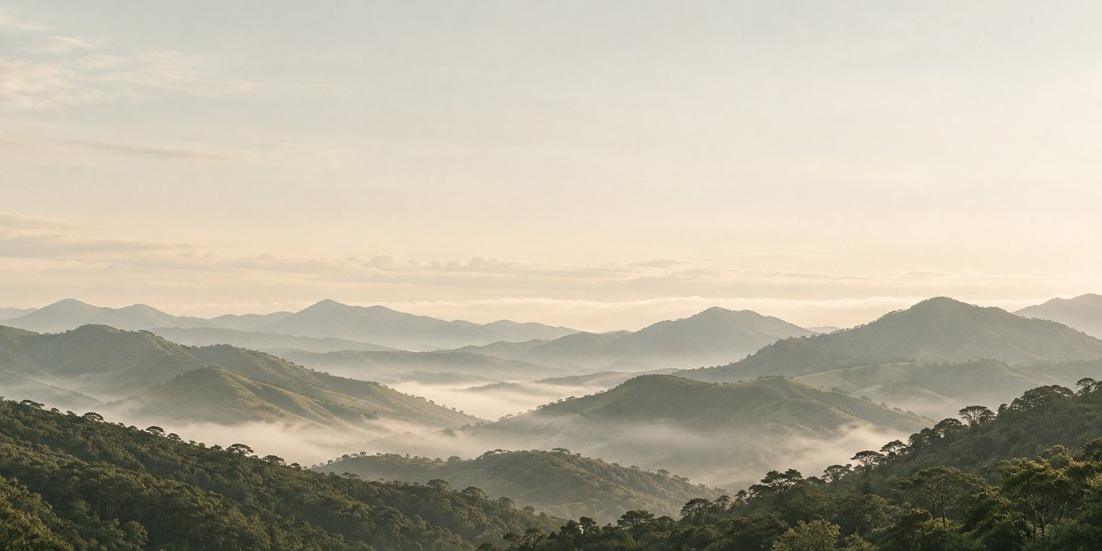 Serra da Mantiqueira ao amanhecer, com neblina entre os morros